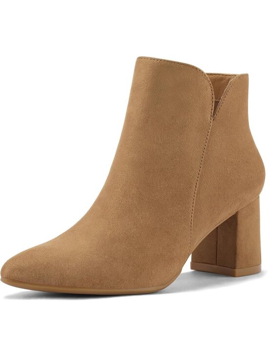 Shoes - Women's Tan Suede Casual Chunky Block Heel Pointed Toe Side Zipper Ankle Boots